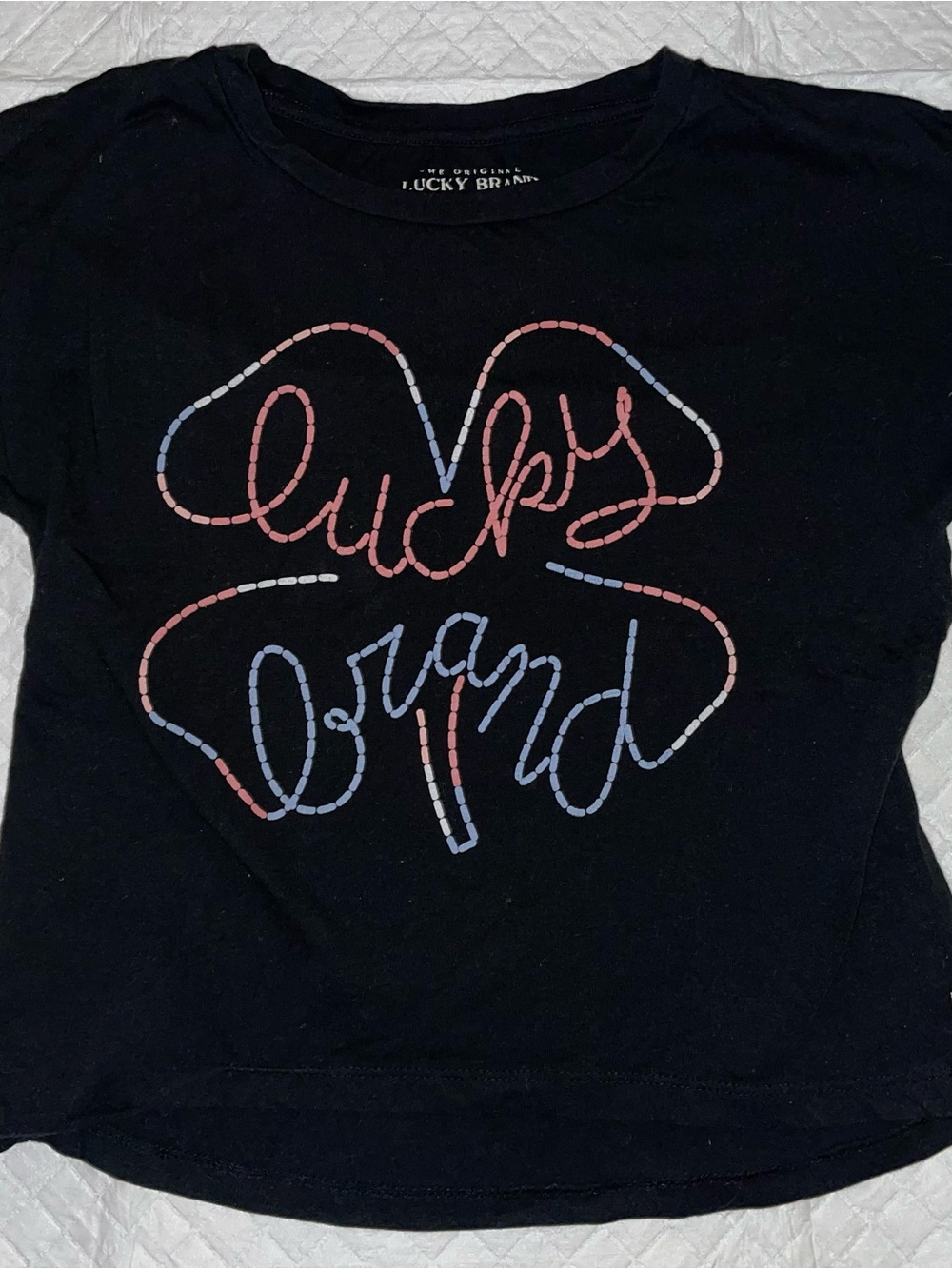 Lucky Brand Black Tee with Pink & Blue Script Logo
